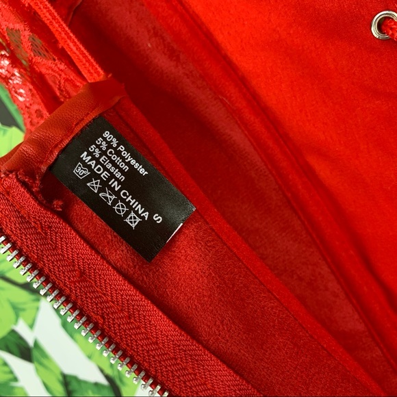 💋 Sexy Red Lace and Faux Leather Lace Up Corset Top Short Dress - Picture 8 of 8